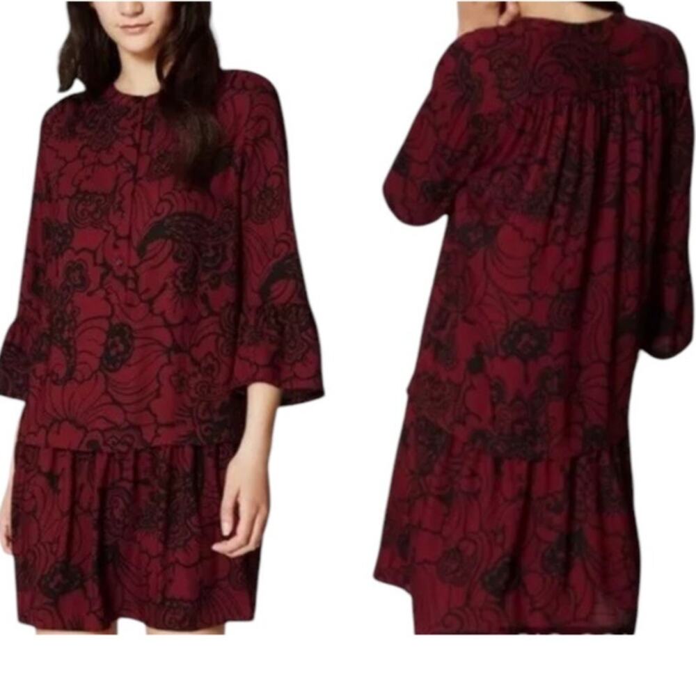 LOFT Dress Small Wine-Red Black Paisley Lantern‎ loral Drop Waist Shift Romantic